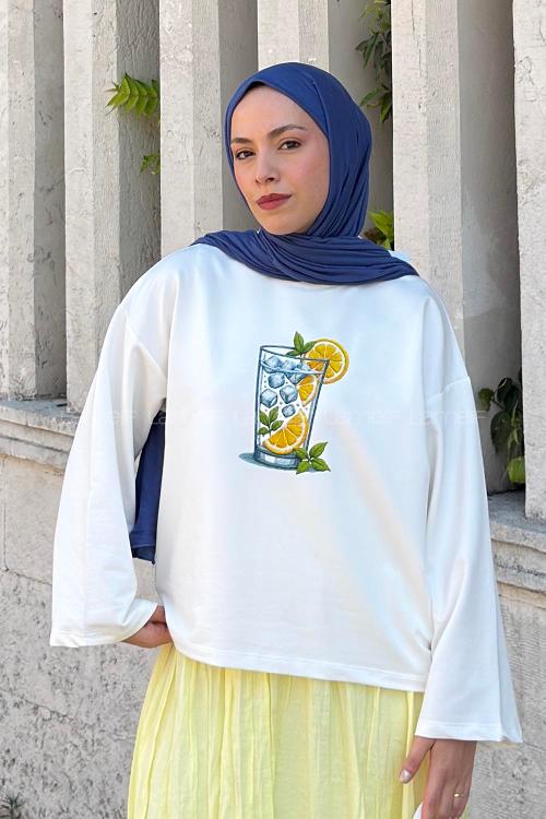 Lamelif Basic Oversize Limon Baskılı Bluz Beyaz