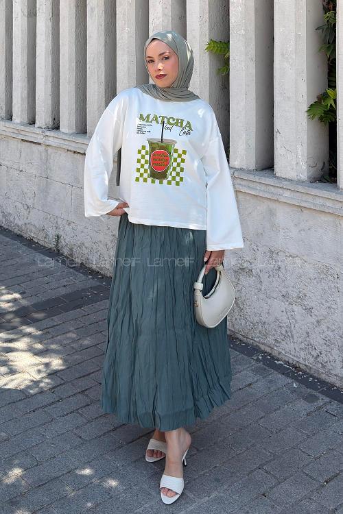 Lamelif Basic Oversize Matcha Baskılı Bluz Beyaz