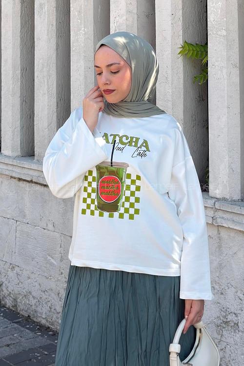 Lamelif Basic Oversize Matcha Baskılı Bluz Beyaz