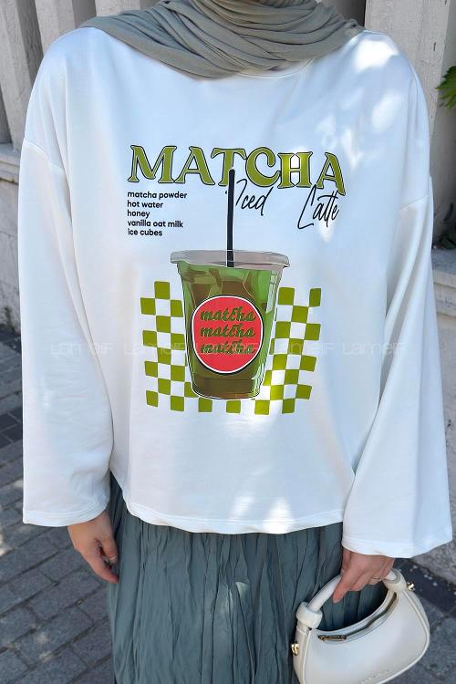 Lamelif Basic Oversize Matcha Baskılı Bluz Beyaz