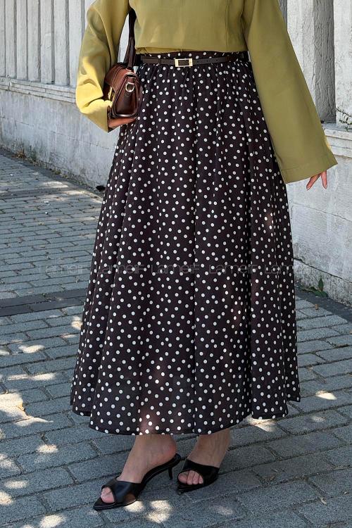 Lamelif Puantiyeli Kemerli Vual Etek Acı Kahve