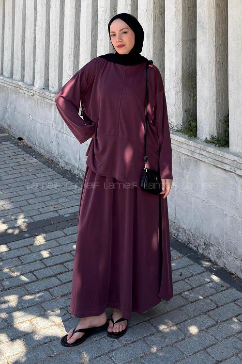 Lamelif Yırtmaç Detaylı Oysho Pike Etekli Takım Bordo