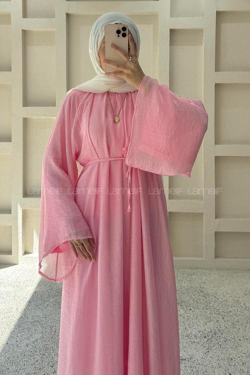 Lamelif Biyeli Tesettür Şifon Elbise Pembe