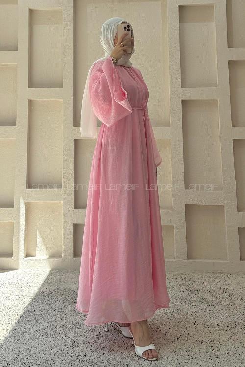 Lamelif Biyeli Tesettür Şifon Elbise Pembe