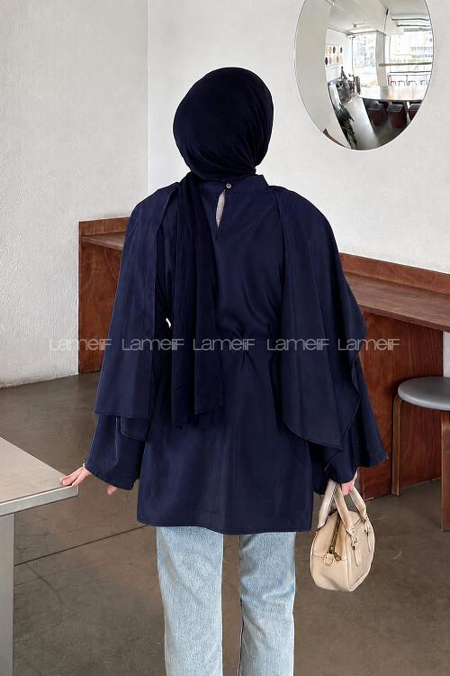 Lamelif Şallı Bağlama Detaylı Tunik Lacivert
