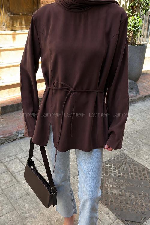 Lamelif Sırt Bağlama Detaylı Tensel Gömlek Acı Kahve