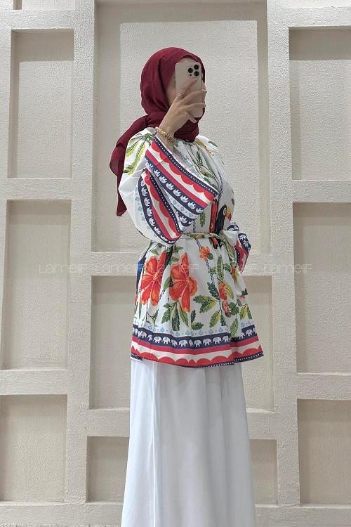 Lamelif Otantik Desenli Tunik Beyaz