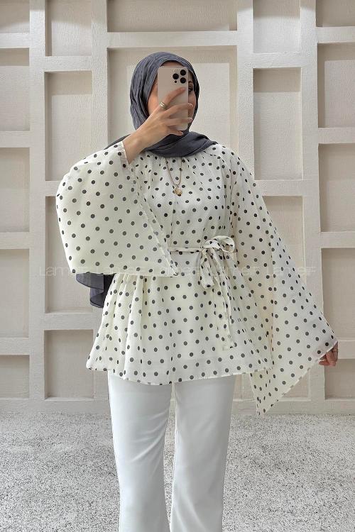 Lamelif Puantiyeli Bağlama Detaylı Tunik Krem