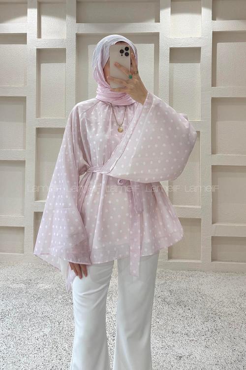 Lamelif Puantiyeli Bağlama Detaylı Tunik Pembe