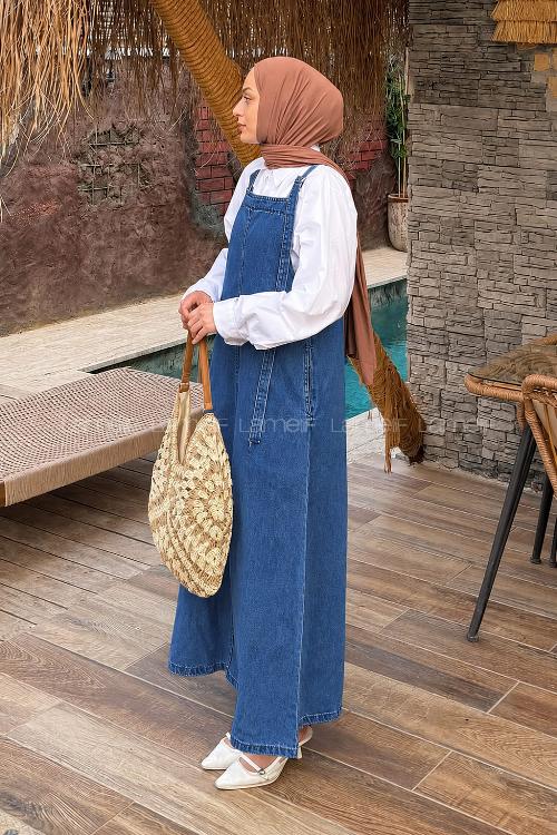 Lamelif Askılı Denim Salopet Elbise Mavi