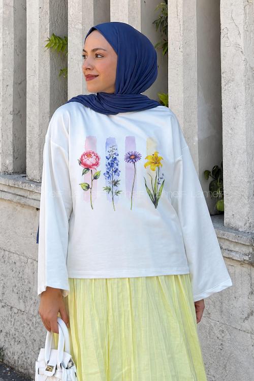 Lamelif Basic Oversize Çiçek Baskılı Bluz Beyaz