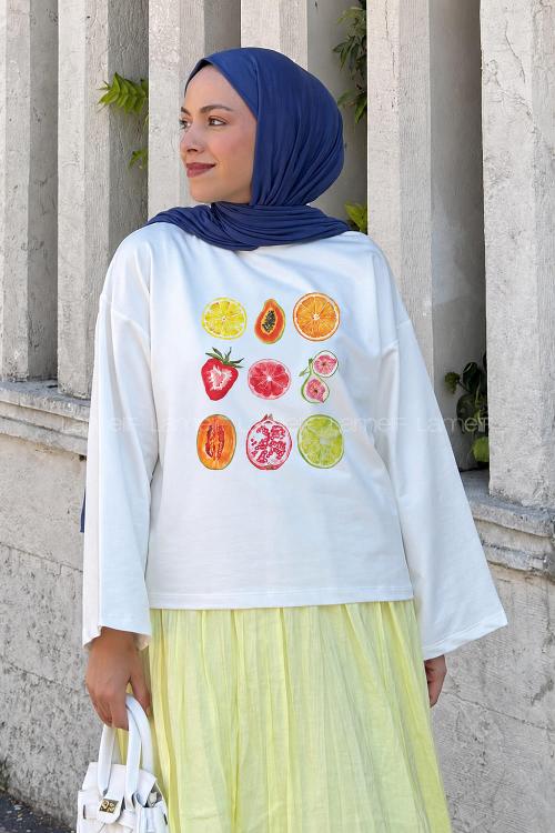 Lamelif Basic Oversize Meyve Baskılı Bluz Beyaz
