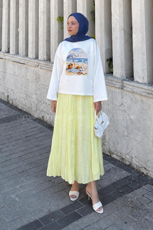 Lamelif Basic Oversize Plaj Baskılı Bluz Beyaz