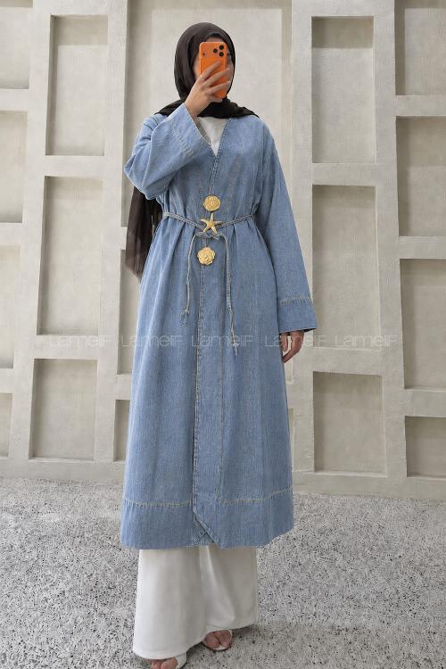 Lamelif Gold Broş Detaylı Denim Kimono Kot Mavisi