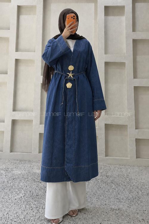 Lamelif Gold Broş Detaylı Denim Kimono Koyu Mavi