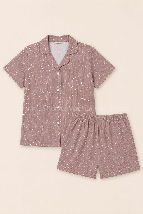 Lamelif Düğmeli Yıldız Desenli Pijama Takımı Kadın Pudra