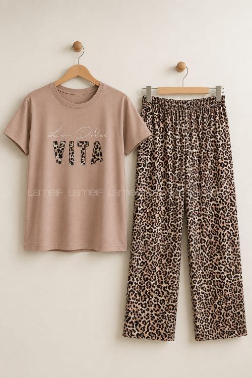 Lamelif Uzun Eşofman Leopar Pijama Takımı Kadın Leopar