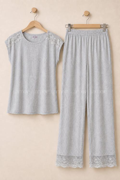 Lamelif Yeşil Dantel Detaylı Soft Touch İnce Örme Pijama Takım