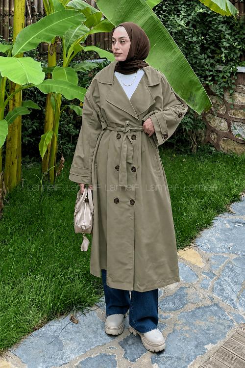 Lamelif Uzun Apoletli Oversize Trenç Haki