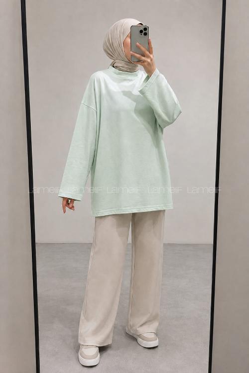 Lamelif Bisiklet Yaka İki İplik Sweat Mint Yeşili