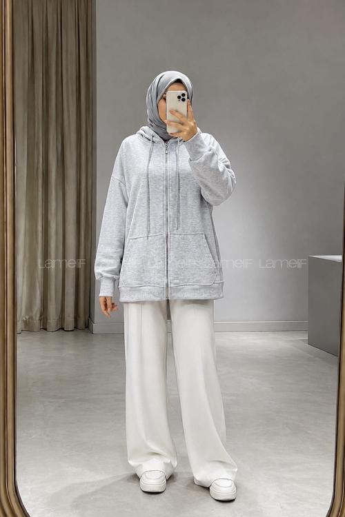 Lamelif Kapüşonlu Cep Detaylı Sweatshirt Hırka Fermuarlı Gri