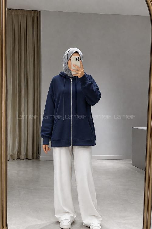 Lamelif Kapüşonlu Cep Detaylı Sweatshirt Hırka Fermuarlı Lacivert