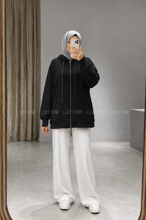 Lamelif Kapüşonlu Cep Detaylı Sweatshirt Hırka Fermuarlı Siyah