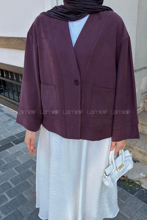 Lamelif Diegonel Cep Detaylı Ceket Mürdüm