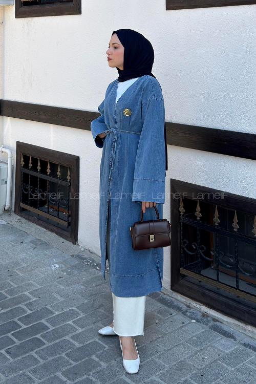 Lamelif Gold Broş Detaylı Denim Kimono Kot Mavisi
