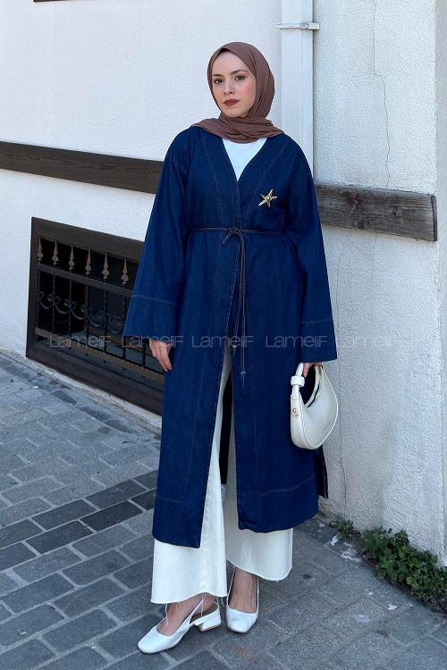 Lamelif Gold Broş Detaylı Denim Kimono Koyu Mavi