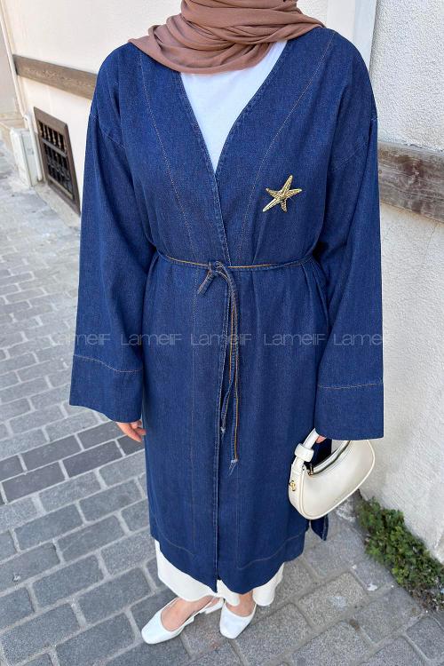 Lamelif Gold Broş Detaylı Denim Kimono Koyu Mavi