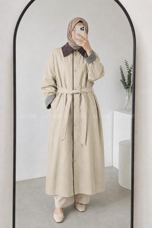 Lamelif Kemer Detaylı Oversize Trenç Bej