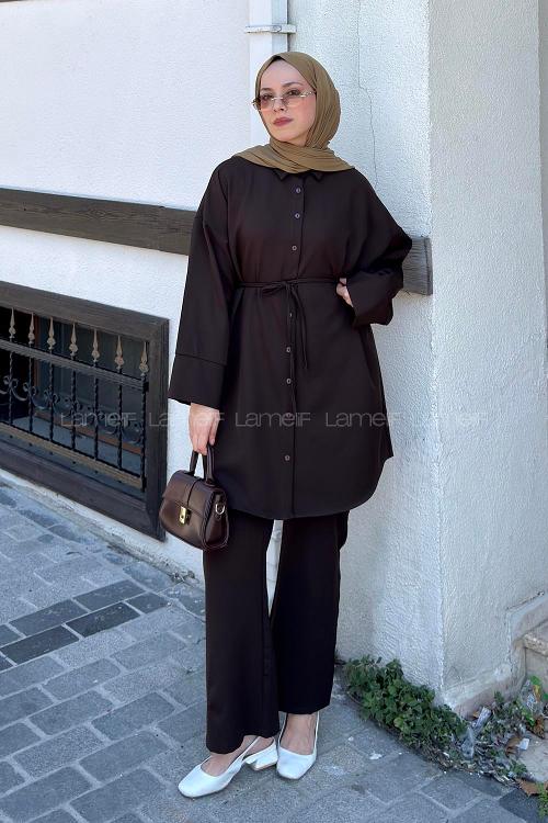 Lamelif Manşet Detaylı Pantolonlu Takım Kahverengi