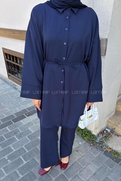 Lamelif Manşet Detaylı Pantolonlu Takım Lacivert