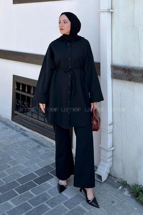 Lamelif Manşet Detaylı Pantolonlu Takım Siyah
