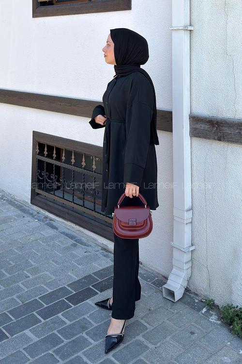 Lamelif Manşet Detaylı Pantolonlu Takım Siyah