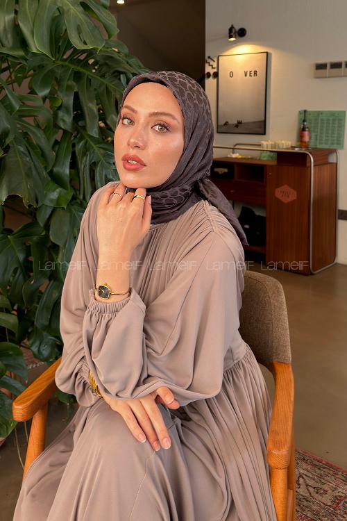 Lamelif Bloom Desen Ayrobin Floş Jakar Eşarp Antrasit