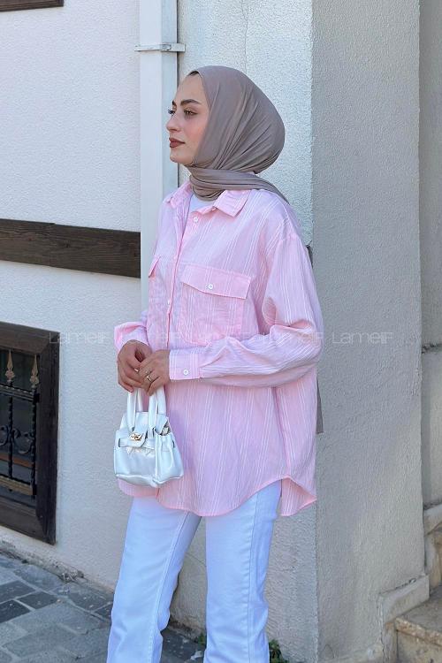 Lamelif Çizgili Cep Detaylı Gömlek Pembe