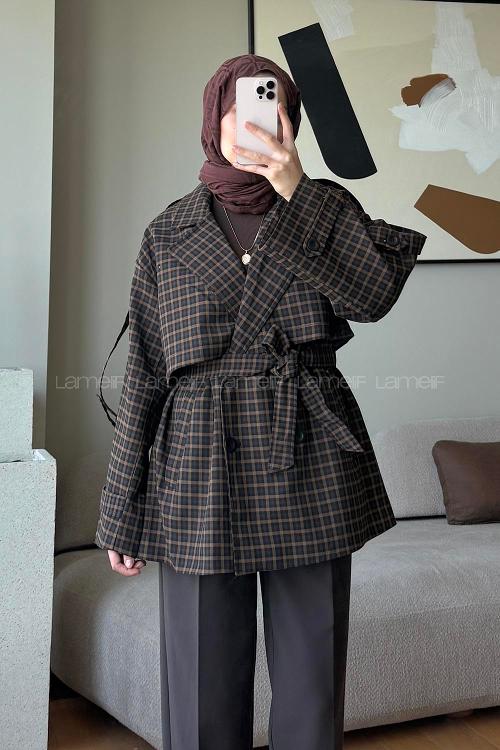 Lamelif Ekose Desenli Pelerinli Trenç Hardal Sarısı
