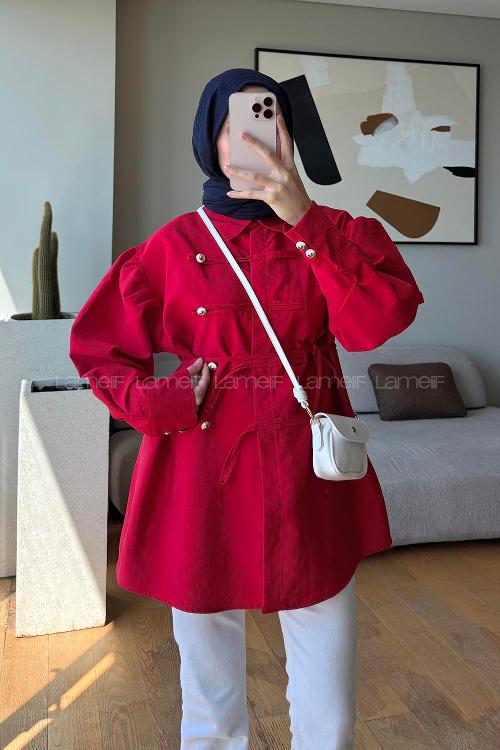 Lamelif Gömlek Yaka Süs Düğme Bağlamalı Tunik Kırmızı