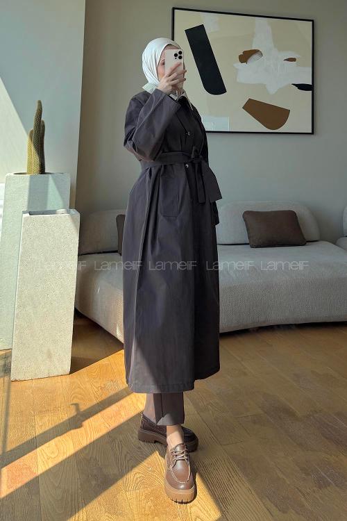 Lamelif Kemer Detaylı Oversize Trenç Acı Kahve