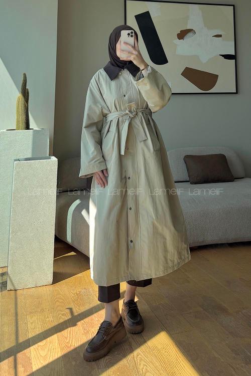 Lamelif Kemer Detaylı Oversize Trenç Bej