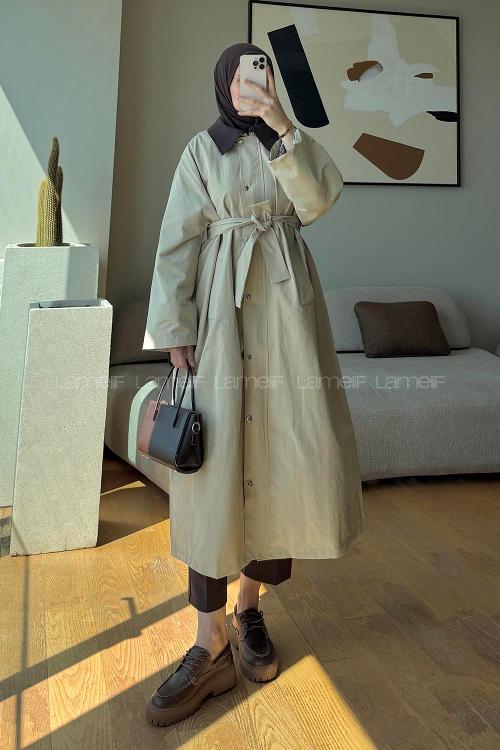 Lamelif Kemer Detaylı Oversize Trenç Bej