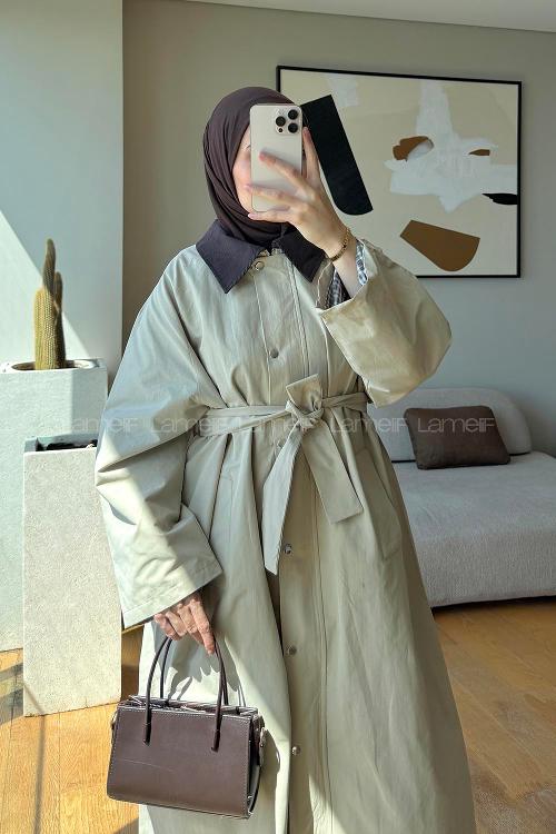 Lamelif Kemer Detaylı Oversize Trenç Bej