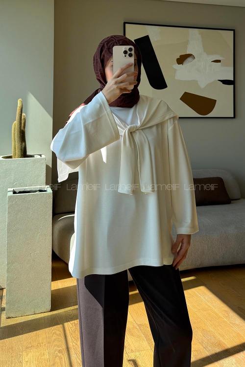 Lamelif Omuz Şal Bağlamalı Tunik Ekru