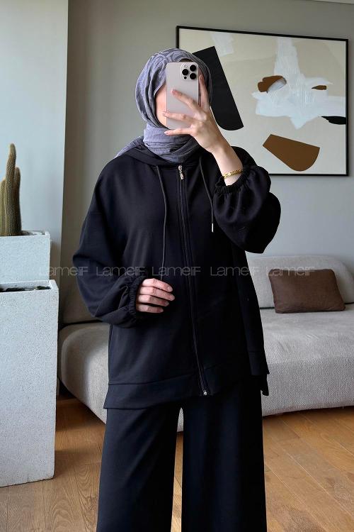 Lamelif Regular Fit Kapüşonlu Fermuarlı Hırka İkili Takım Siyah