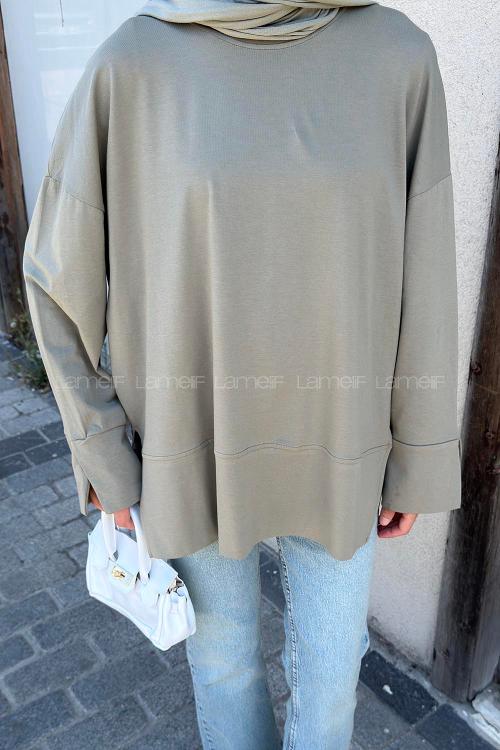 Lamelif Yırtmaç Detaylı Basic Bluz Çağla Yeşili