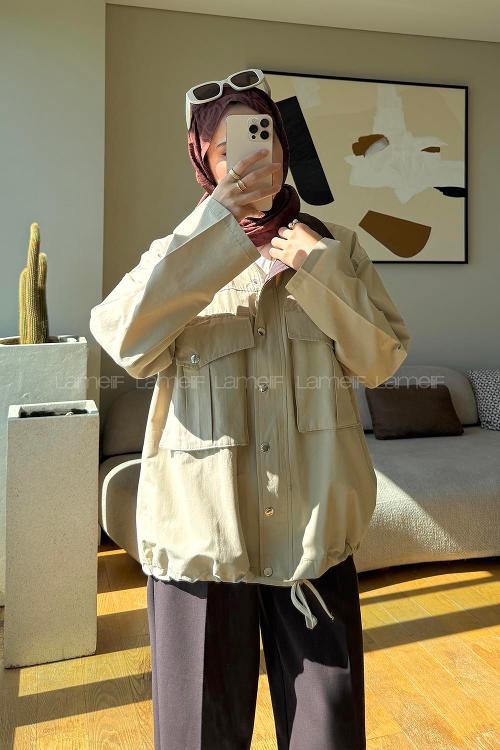 Lamelif Cep Detaylı Biyeli Ceket Bej