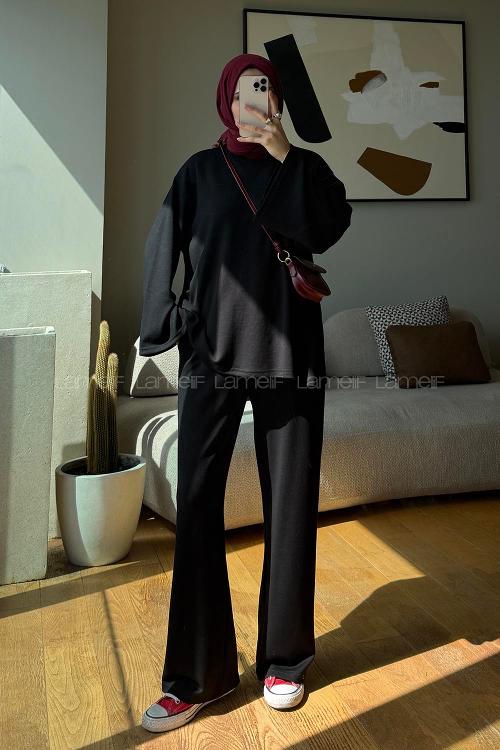 Black Crew Neck Long Arm Without Accessories Regular Trousers Suit