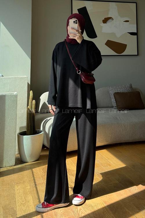 Black Crew Neck Long Arm Without Accessories Regular Trousers Suit